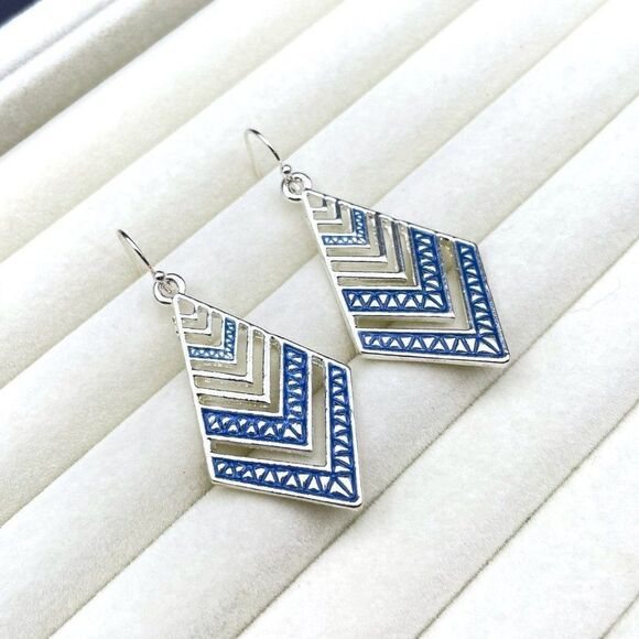Silver with Blue Enamel Boho Tribal Rhombus Chevron Dangling Drop Hook Earrings - Picture 5 of 9